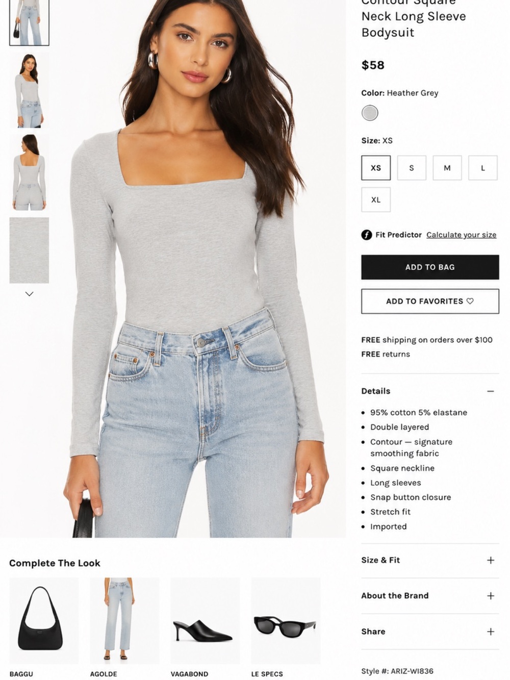 Aritzia Heather Gray Square-Neck Long Sleeve Bodysuit